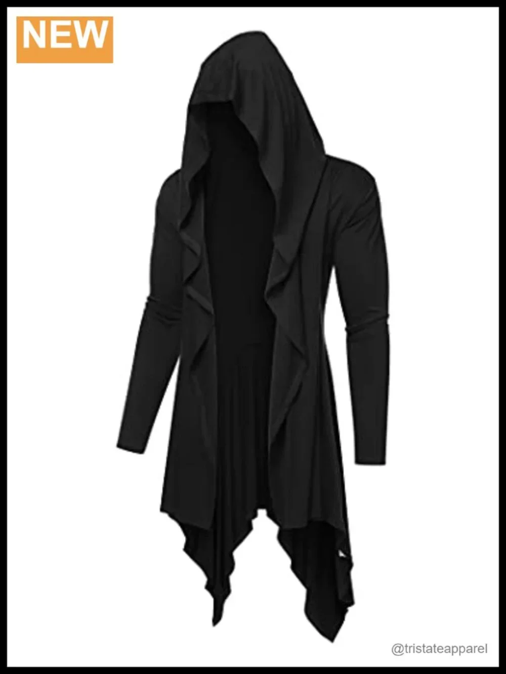 Long Hooded Cardigan Ruffle Shawl Collar Open Front Lightweight Drape Cape